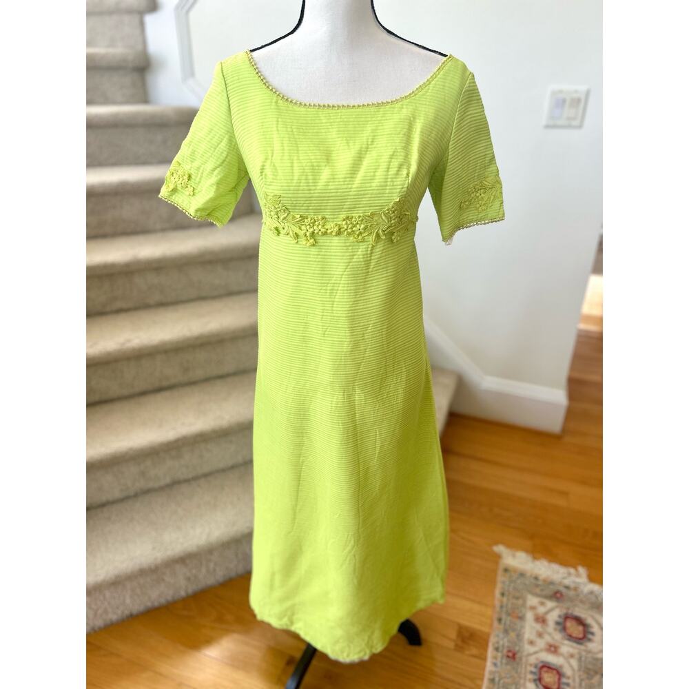Vintage 60s Neon Lime Green Lace Floral Appliqué Maxi Hostess Gown Party Dress